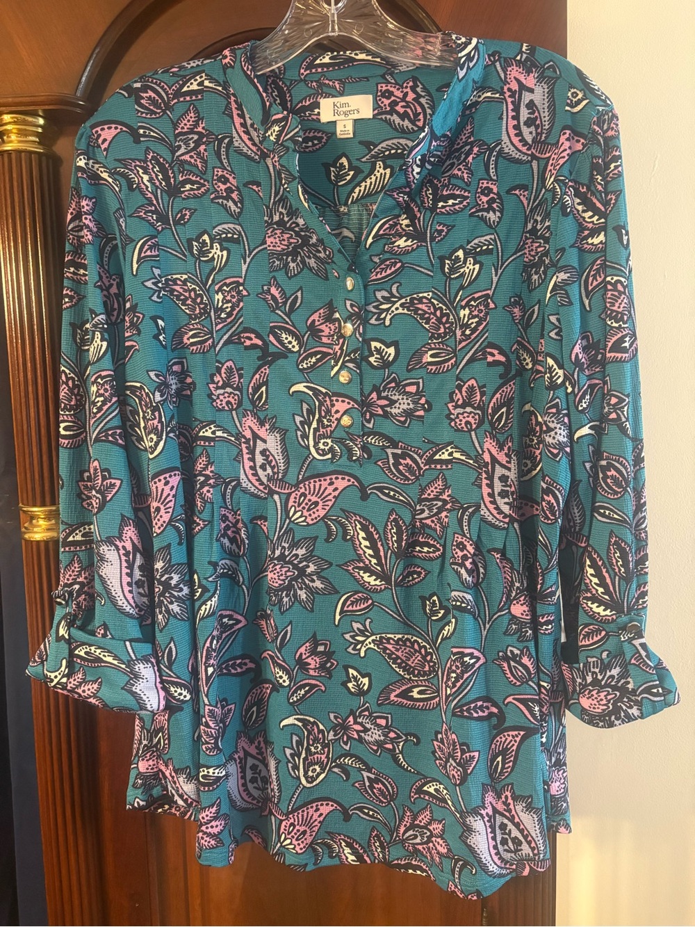Kim Rogers Teal Floral Split-Neck Tunic with Pink Accents